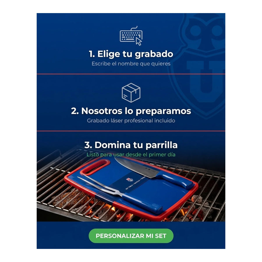 Set Parrillero Tabla + Cuchillo Y Pincho U De Chile + Grabado Personalizado