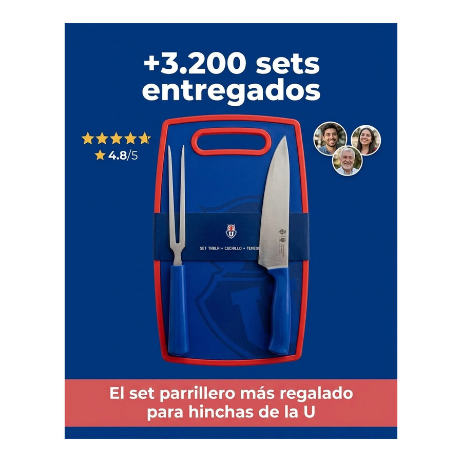 Set Parrillero Tabla + Cuchillo Y Pincho U De Chile + Grabado Personalizado