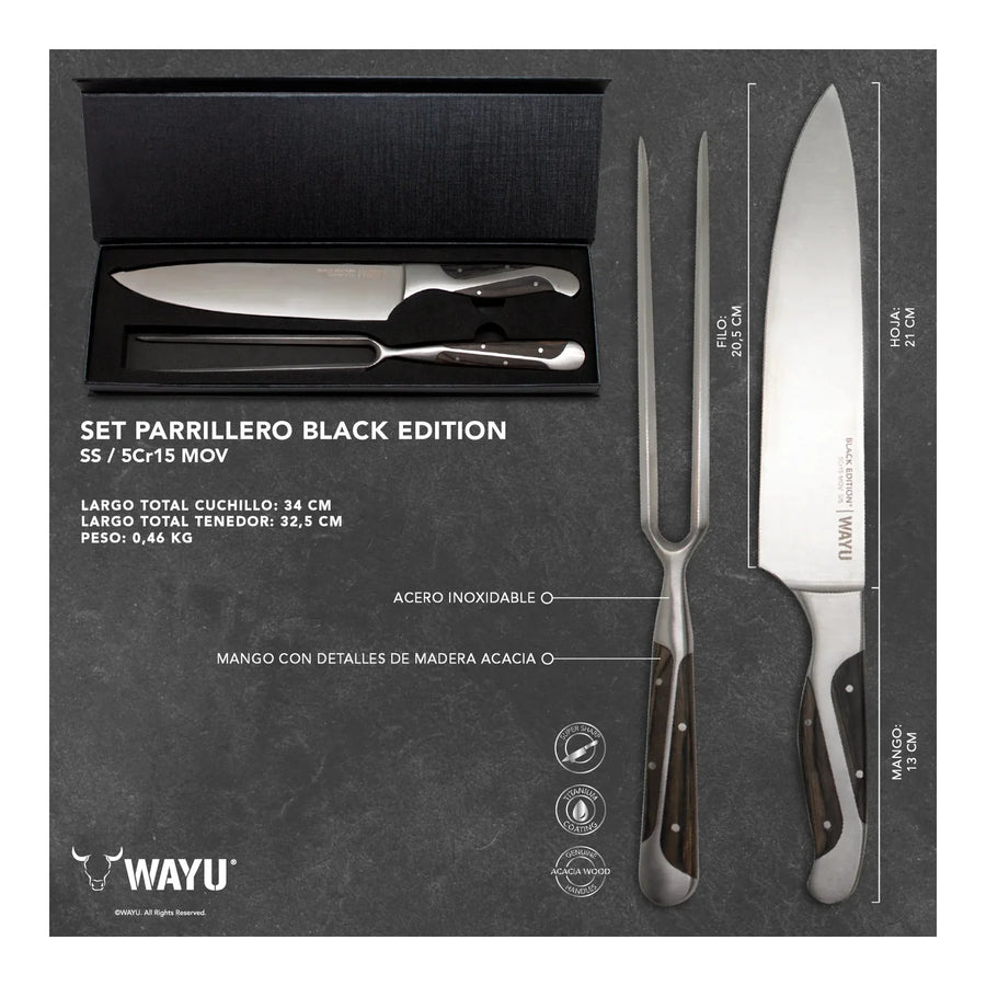 Set Parrillero Wayu Black Edition Cuchillo + Pincho + Grabado Láser