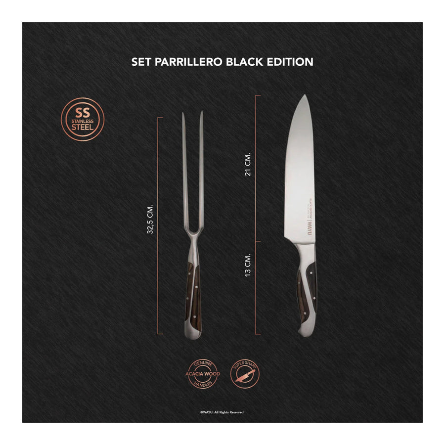 Set Parrillero Wayu Black Edition Cuchillo + Pincho + Grabado Personalizado