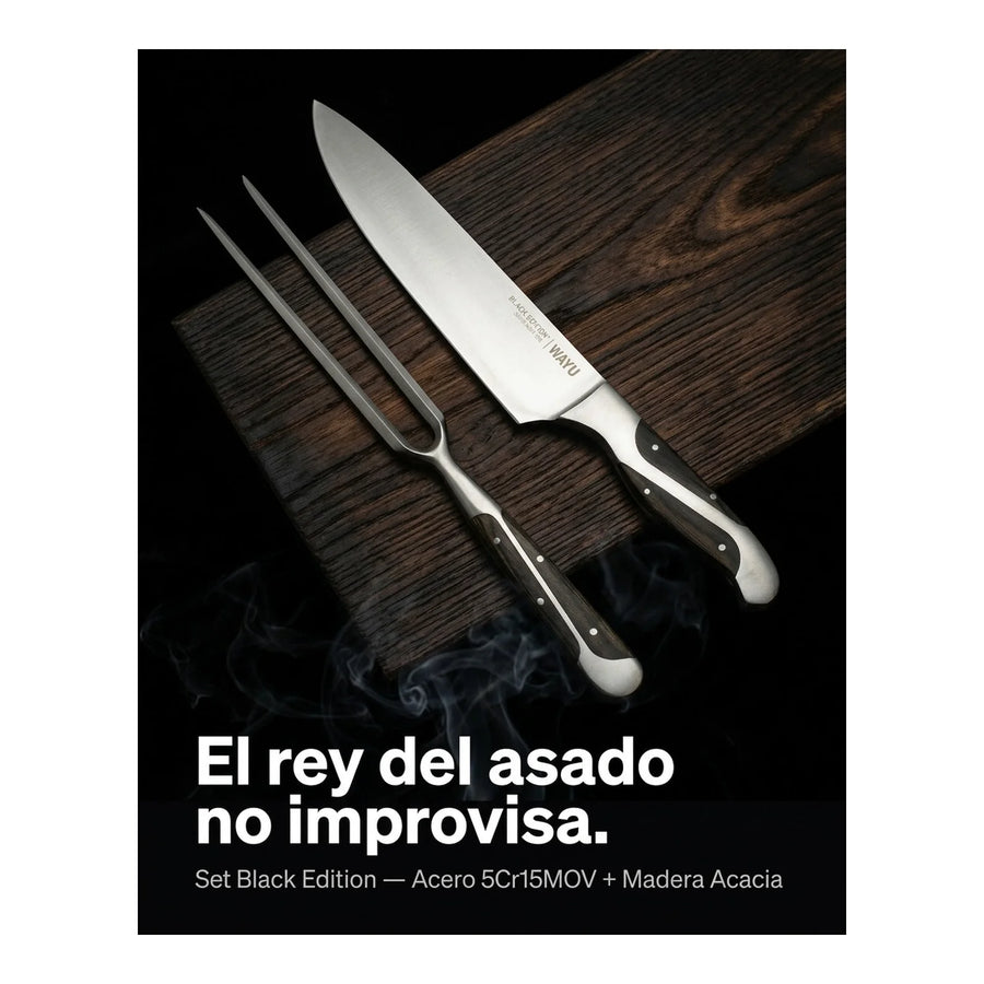 Set Parrillero Wayu Black Edition Cuchillo + Pincho + Grabado Personalizado
