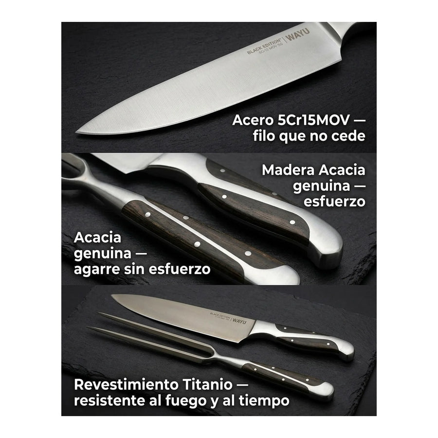 Set Parrillero Wayu Black Edition Cuchillo + Pincho + Grabado Personalizado