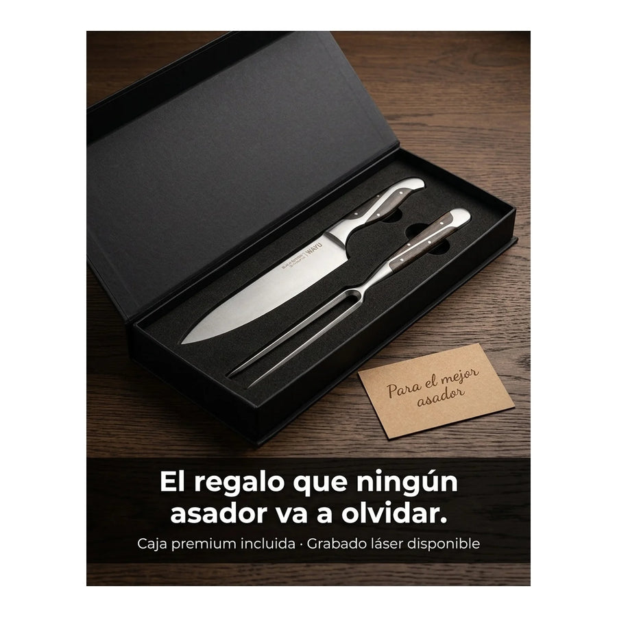 Set Parrillero Wayu Black Edition Cuchillo + Pincho + Grabado Personalizado