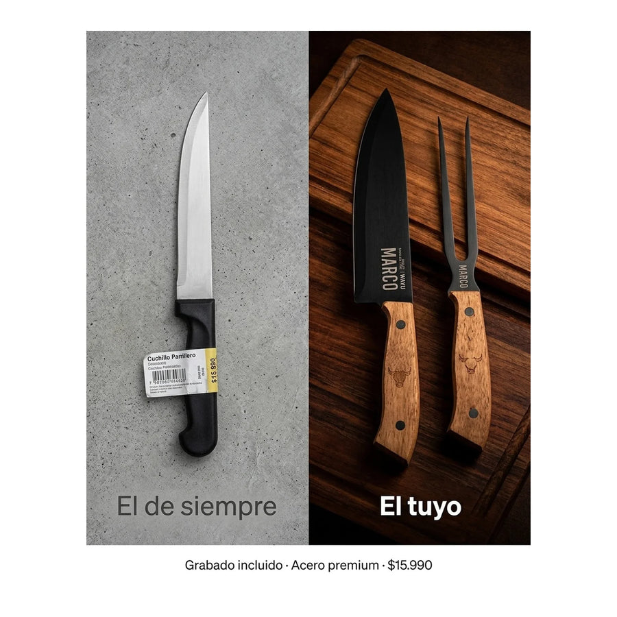 Set Parrillero Wayu Cuchillo Tenedor + Grabado Personalizado