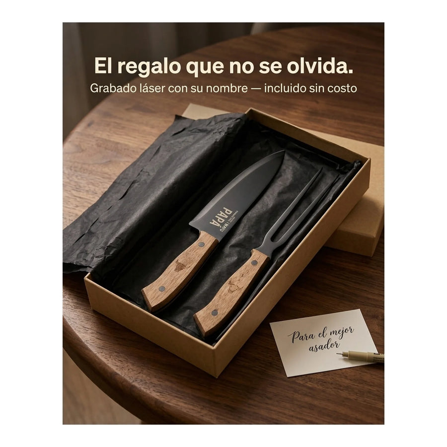 Set Parrillero Wayu Cuchillo Tenedor + Grabado Personalizado