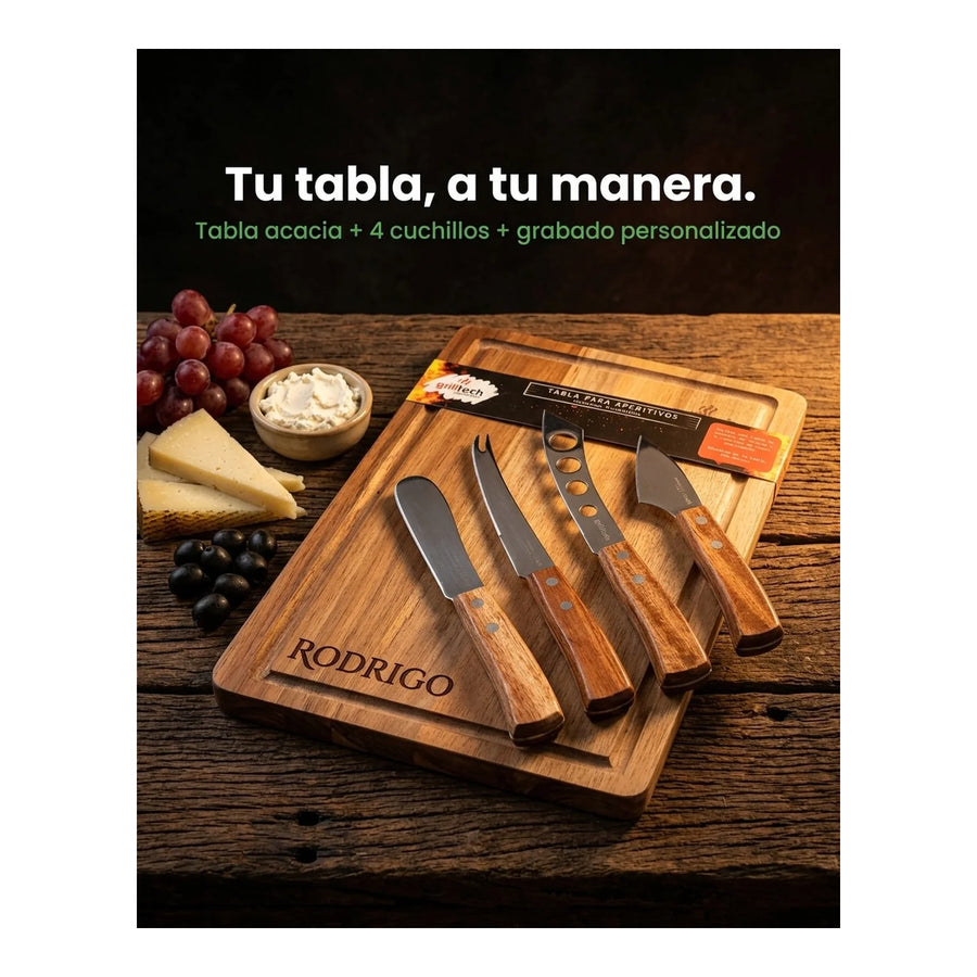 Tabla Aperitivo 4 Cuchillos Grilltech Picoteo Picadillo Bbq + Grabado Personalizado