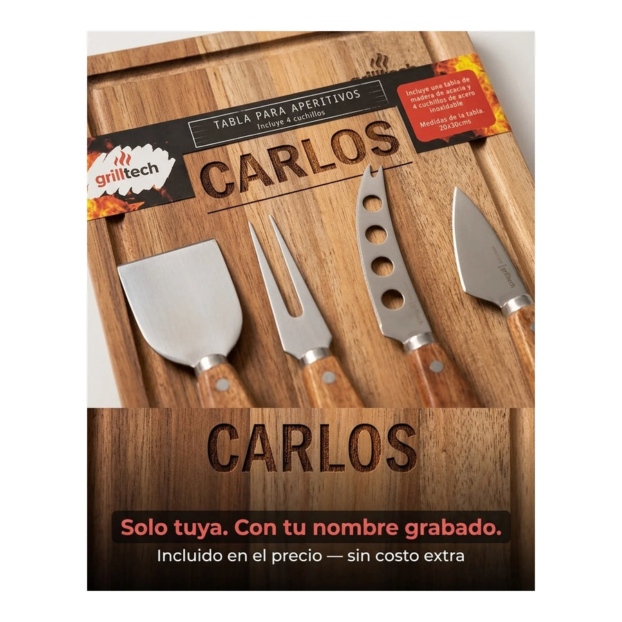 Tabla Aperitivo 4 Cuchillos Grilltech Picoteo Picadillo Bbq + Grabado Personalizado
