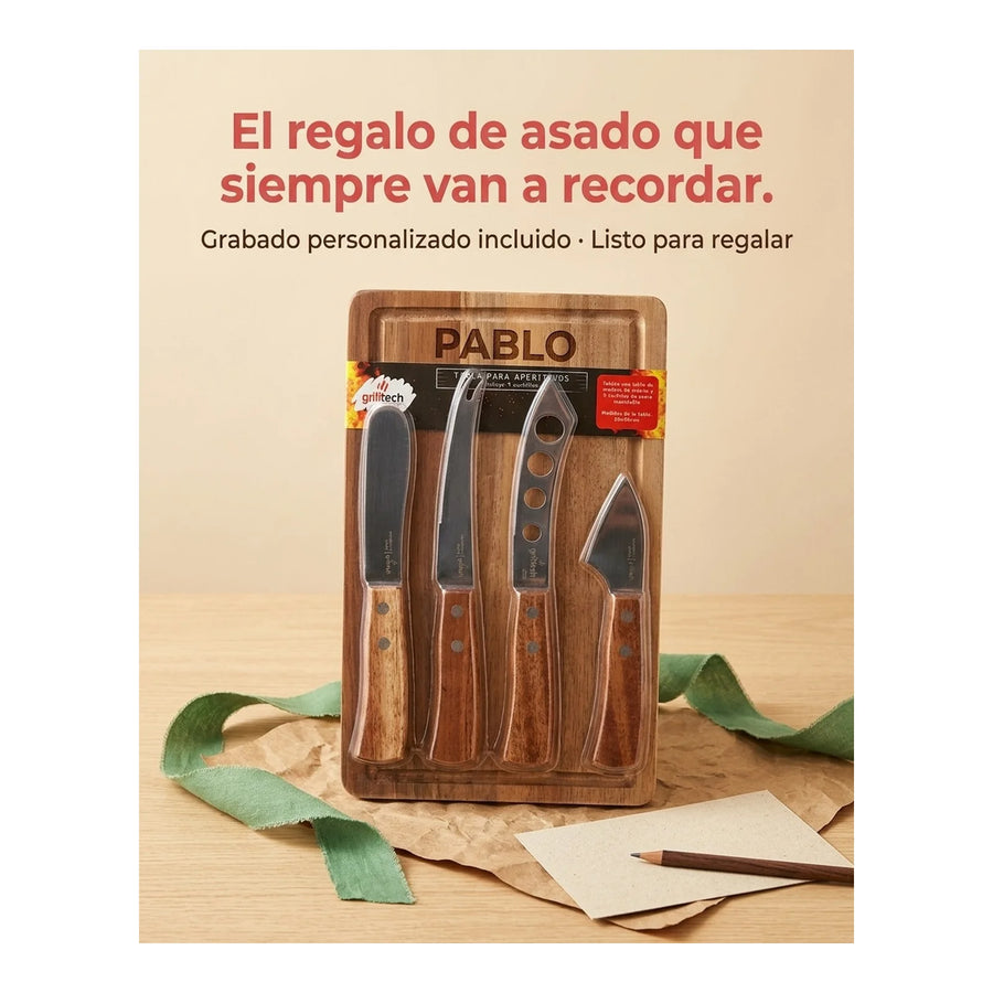Tabla Aperitivo 4 Cuchillos Grilltech Picoteo Picadillo Bbq + Grabado Personalizado