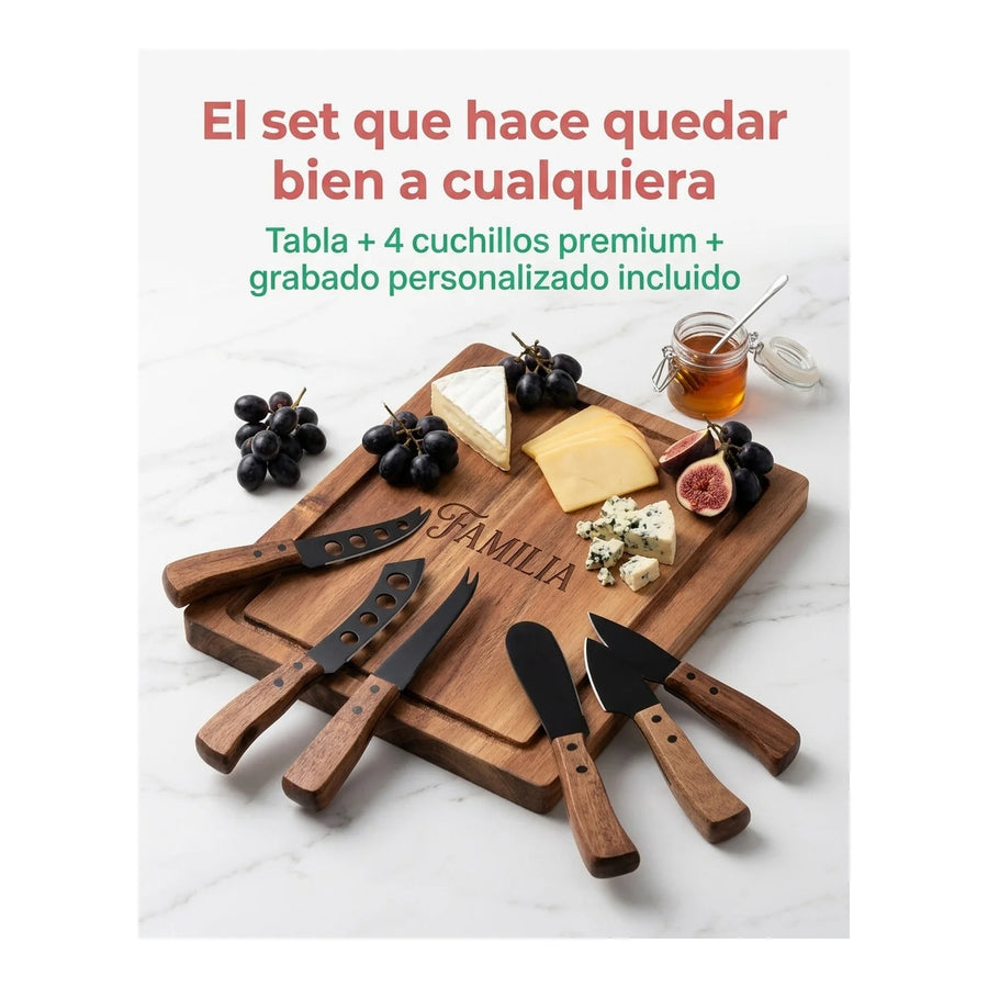 Tabla Para Aperitivos Wayu + 4 Cuchillos Quesos Premium + Grabado Personalizado