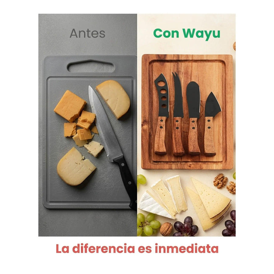 Tabla Para Aperitivos Wayu + 4 Cuchillos Quesos Premium + Grabado Personalizado