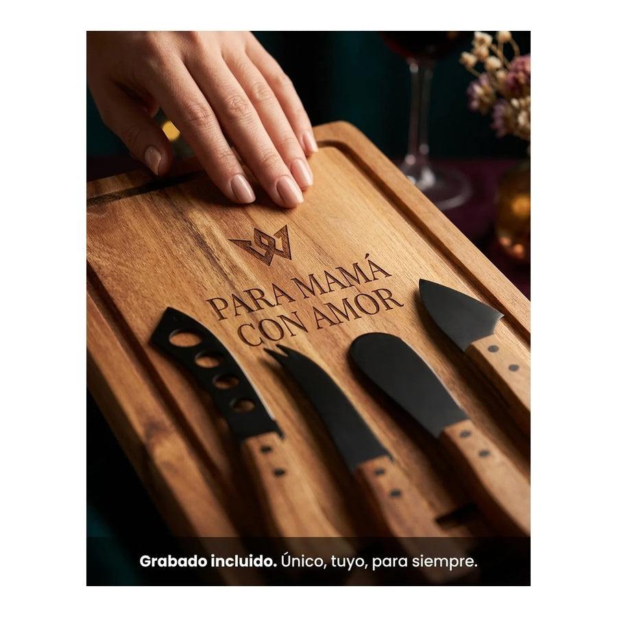 Tabla Para Aperitivos Wayu + 4 Cuchillos Quesos Premium + Grabado Personalizado