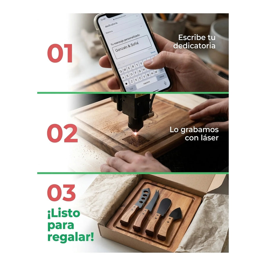 Tabla Para Aperitivos Wayu + 4 Cuchillos Quesos Premium + Grabado Personalizado