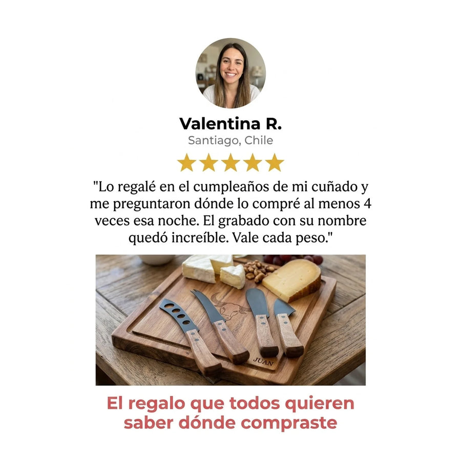Tabla Para Aperitivos Wayu + 4 Cuchillos Quesos Premium + Grabado Personalizado