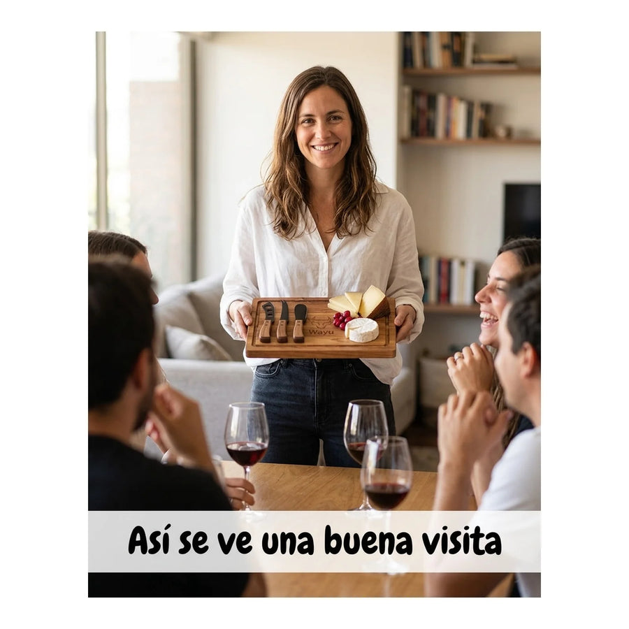 Tabla Para Aperitivos Wayu + 4 Cuchillos Quesos Premium + Grabado Personalizado