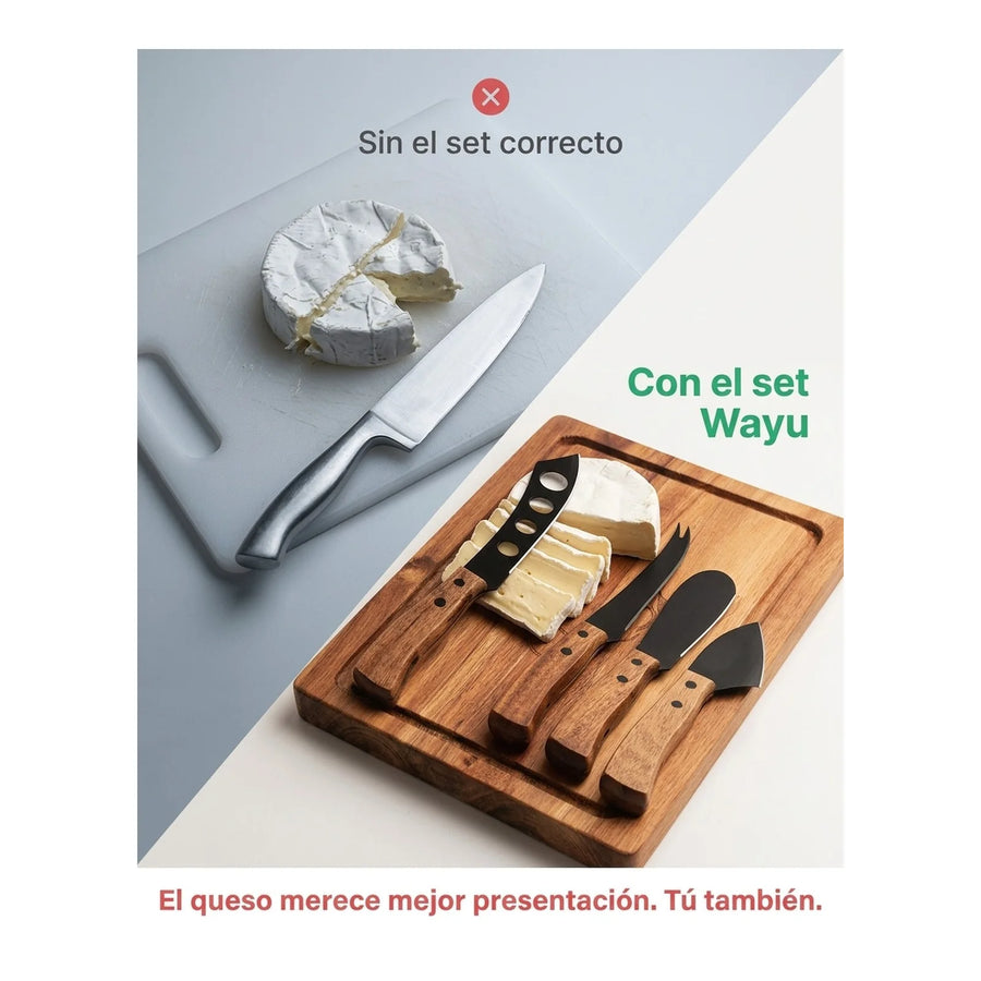 Tabla Para Aperitivos Wayu + 4 Cuchillos Quesos Premium + Grabado Personalizado
