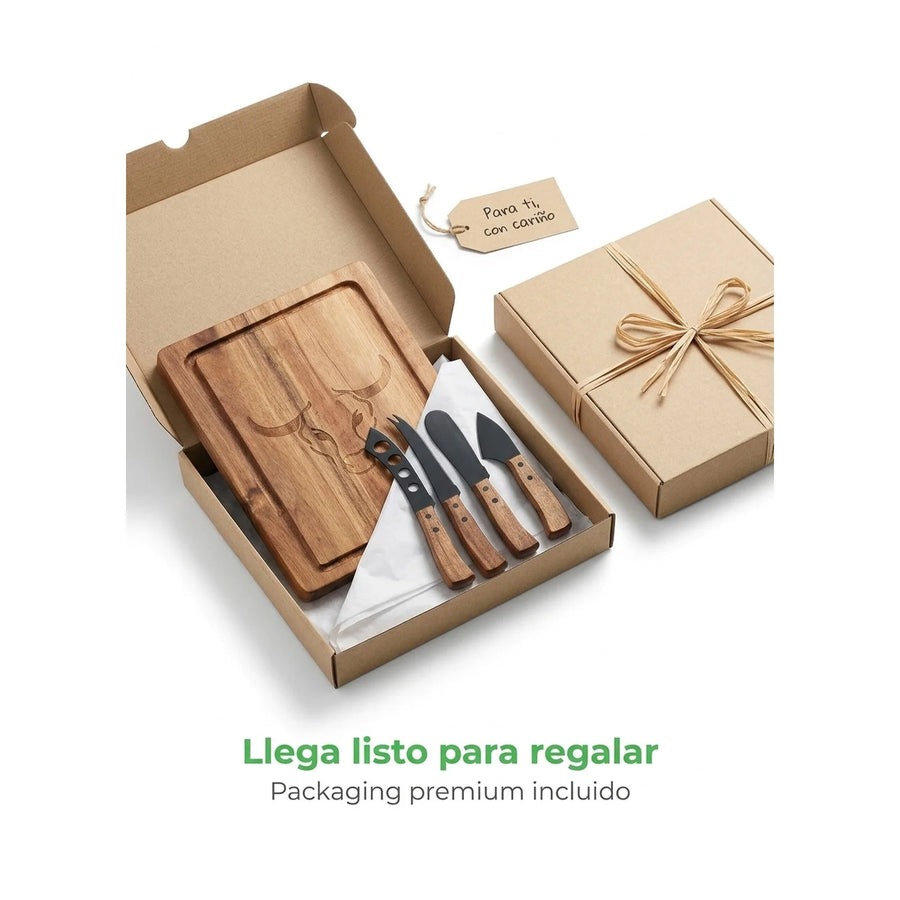 Tabla Para Aperitivos Wayu + 4 Cuchillos Quesos Premium + Grabado Personalizado