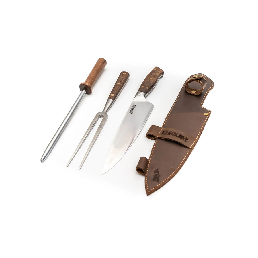 Trilogía en Cuero Kangkawe: Pincho Pro + Cuchillo Catemu + Astil + Grabado Láser