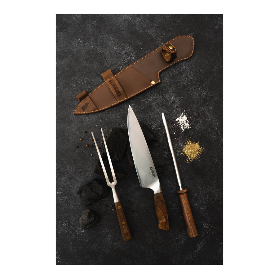 Trilogía en Cuero Kangkawe: Pincho Pro + Cuchillo Catemu + Astil + Grabado Láser