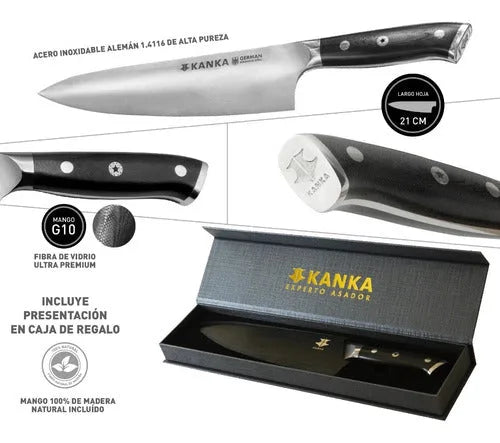 Cuchillo Chef Acero Alemán Kanka 8" — Funda Madera + Grabado Láser Gratis