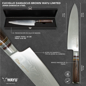 Cuchillo Acero Damasco Brown Wayu + Grabado Láser Chile