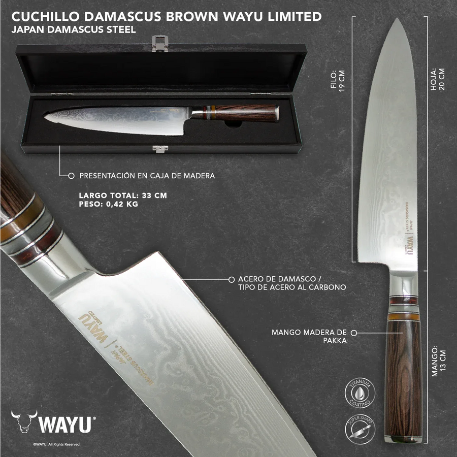 Cuchillo Acero Damasco Brown Wayu + Grabado Laser Chile