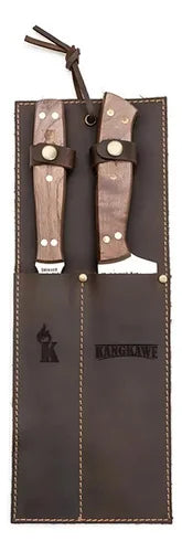 Set parrillero cuchillo y tenedor Kangkawe guardado en su funda de cuero