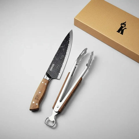 Set parrillero Kangkawe cuchillo martillado y pinza, vista principal