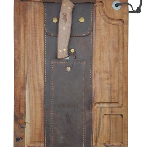 Set parrillero Kangkawe tabla y cuchillo con funda de cuero, vista principal