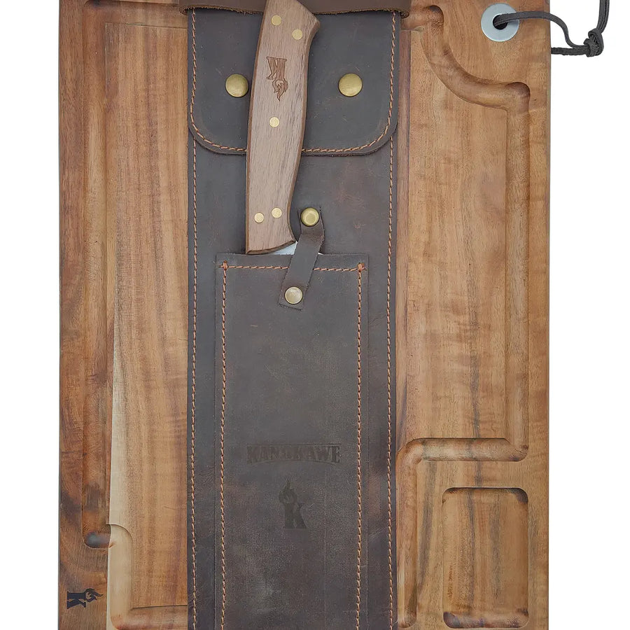 Set parrillero Kangkawe tabla y cuchillo con funda de cuero, vista principal