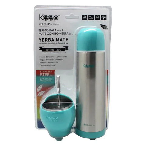 Set De Mate + Termo Bala Mate Keep Celeste
