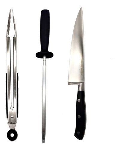 Set Parrillero 3 Pzs Wayu Premium Cuchillo Pinza Afilador