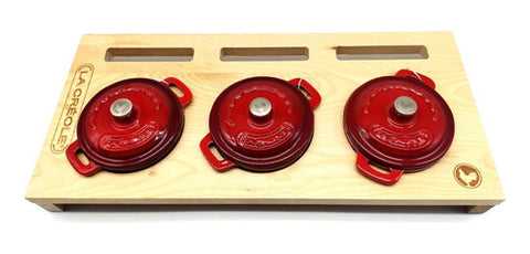 Set 3 Olla 10cm Fierro Fundido Esmaltado Rojo Base Madera