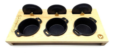 Set 3 Olla 10cm Fierro Fundido Negro Base Madera La Creole