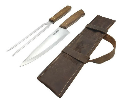 Set Parrillero Cuchillo Tenedor Con Estuche Cuero Kangkawe + Grabado