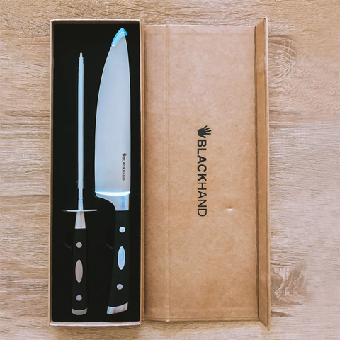 Set Parrillero Cuchillo + Chaira Black Hand Grabado Laser