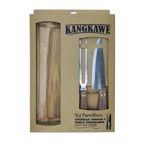 Set parrillero con tabla Kangkawe en su caja original