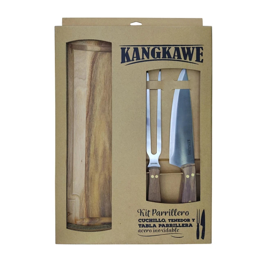 Set parrillero con tabla Kangkawe en su caja original